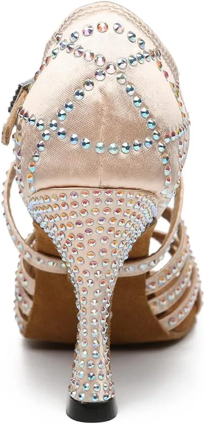 Women's Latin Dance Shoes Rhinestones Open Toe Salsa Bachata Suede Sole Ballroom Dancing Sandals,Model YC-L483