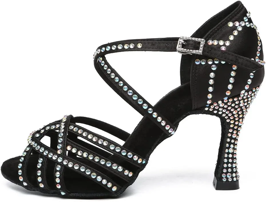 Women's Latin Dance Shoes Rhinestones Open Toe Salsa Bachata Suede Sole Ballroom Dancing Sandals,Model YC-L483