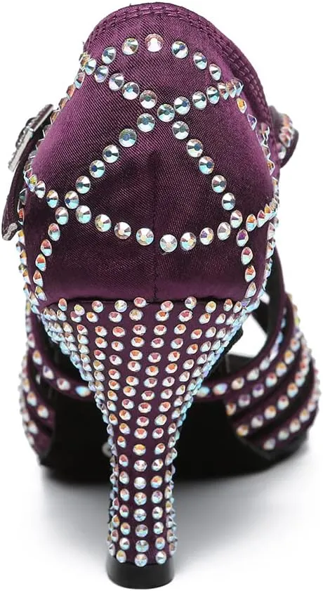 Women's Latin Dance Shoes Rhinestones Open Toe Salsa Bachata Suede Sole Ballroom Dancing Sandals,Model YC-L483