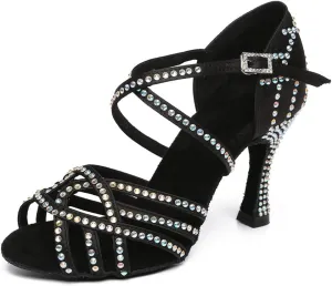 Women's Latin Dance Shoes Rhinestones Open Toe Salsa Bachata Suede Sole Ballroom Dancing Sandals,Model YC-L483