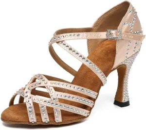 Women's Latin Dance Shoes Rhinestones Open Toe Salsa Bachata Suede Sole Ballroom Dancing Sandals,Model YC-L483