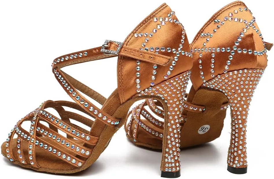 Women's Latin Dance Shoes Rhinestones Open Toe Salsa Bachata Suede Sole Ballroom Dancing Sandals,Model YC-L483