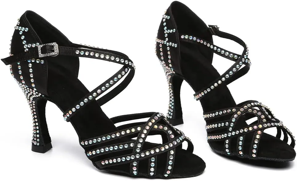 Women's Latin Dance Shoes Rhinestones Open Toe Salsa Bachata Suede Sole Ballroom Dancing Sandals,Model YC-L483