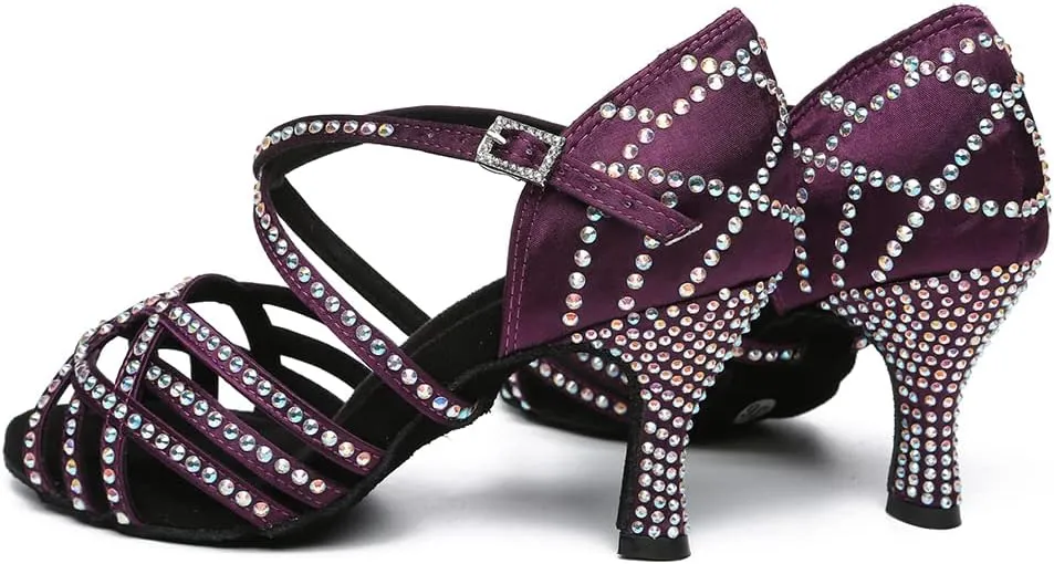 Women's Latin Dance Shoes Rhinestones Open Toe Salsa Bachata Suede Sole Ballroom Dancing Sandals,Model YC-L483