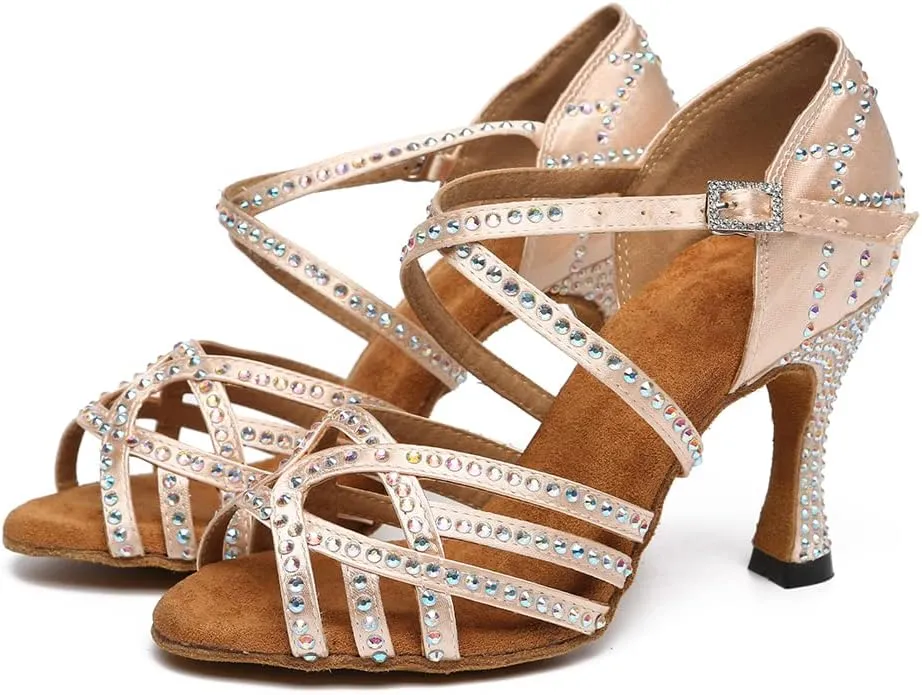 Women's Latin Dance Shoes Rhinestones Open Toe Salsa Bachata Suede Sole Ballroom Dancing Sandals,Model YC-L483