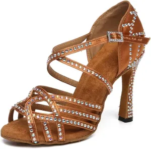 Women's Latin Dance Shoes Rhinestones Open Toe Salsa Bachata Suede Sole Ballroom Dancing Sandals,Model YC-L483