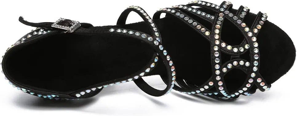 Women's Latin Dance Shoes Rhinestones Open Toe Salsa Bachata Suede Sole Ballroom Dancing Sandals,Model YC-L483