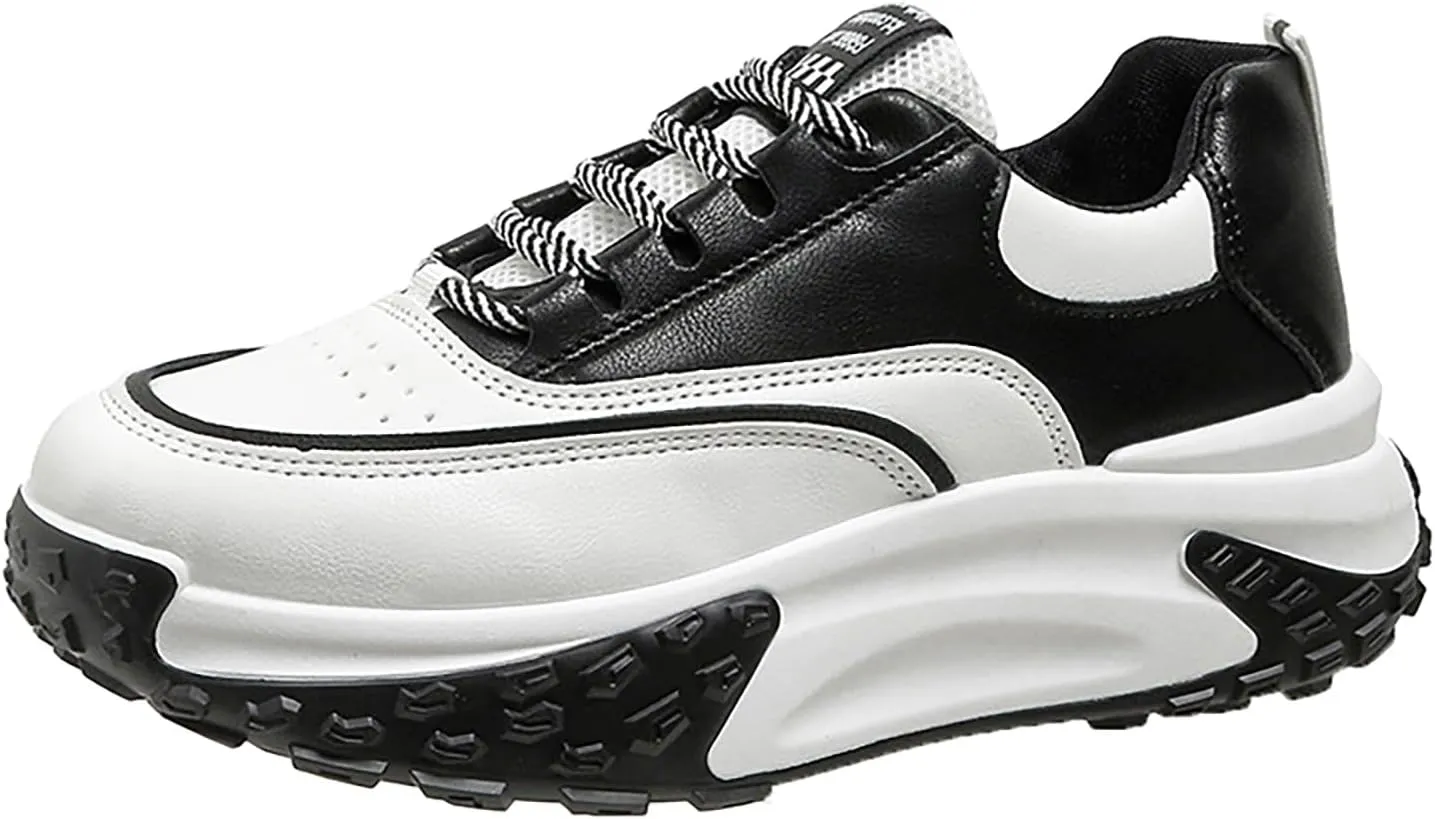 Women's Leather Soft Casual Sneakers,Comfortable Lace-Up Platform Height Increase Walking Shoes,Non Slip Shock Absorbing Fashion Running Sneakers