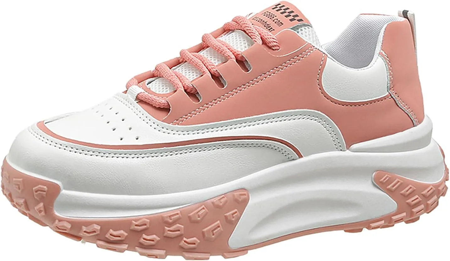 Women's Leather Soft Casual Sneakers,Comfortable Lace-Up Platform Height Increase Walking Shoes,Non Slip Shock Absorbing Fashion Running Sneakers