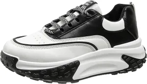Women's Leather Soft Casual Sneakers,Comfortable Lace-Up Platform Height Increase Walking Shoes,Non Slip Shock Absorbing Fashion Running Sneakers