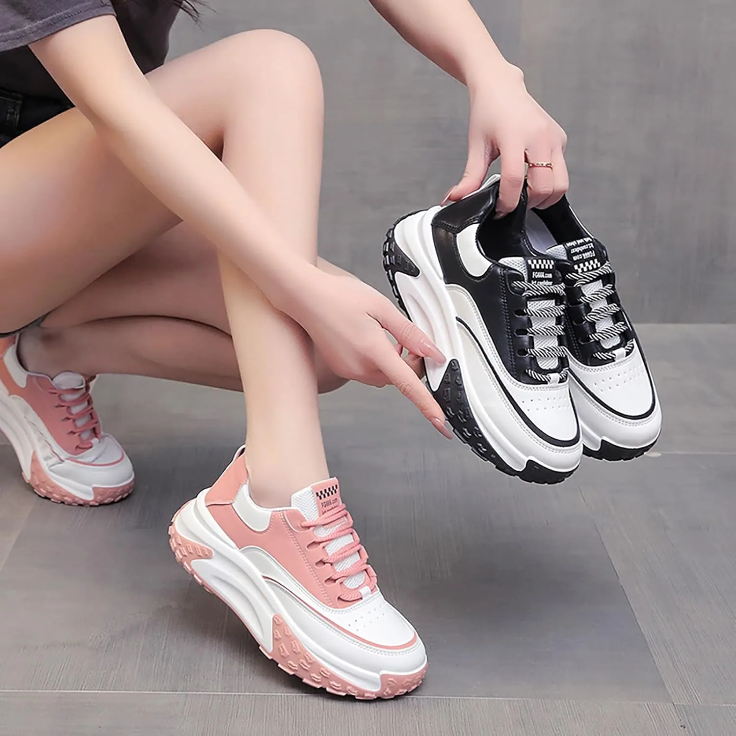 Women's Leather Soft Casual Sneakers,Comfortable Lace-Up Platform Height Increase Walking Shoes,Non Slip Shock Absorbing Fashion Running Sneakers