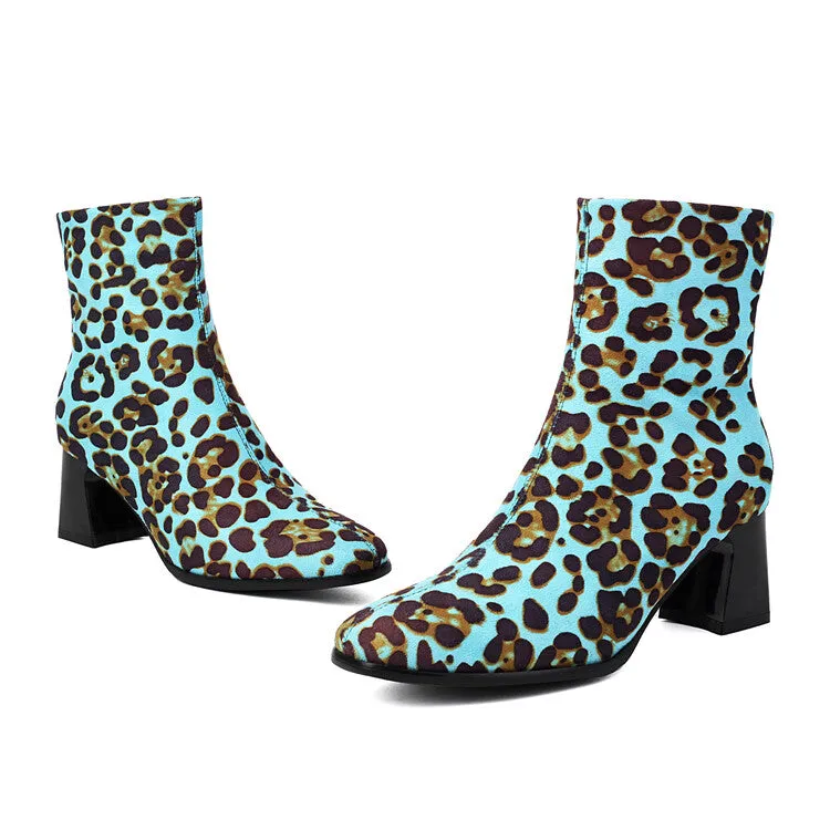 Women's Leopard-print Square Toe Block Heel Short Boots