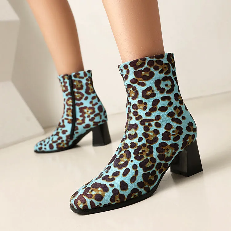 Women's Leopard-print Square Toe Block Heel Short Boots