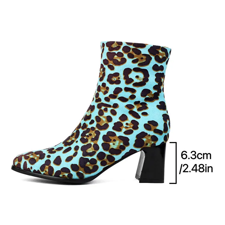 Women's Leopard-print Square Toe Block Heel Short Boots