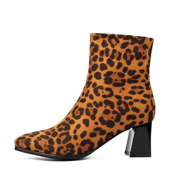 Women's Leopard-print Square Toe Block Heel Short Boots