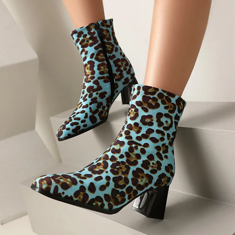 Women's Leopard-print Square Toe Block Heel Short Boots