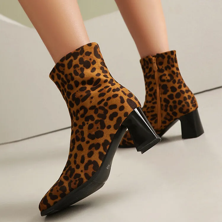 Women's Leopard-print Square Toe Block Heel Short Boots