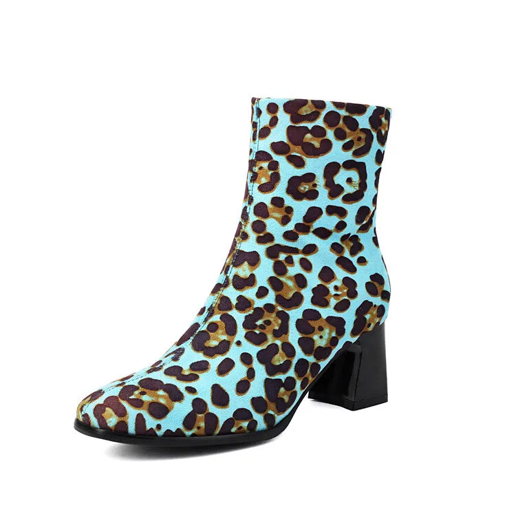 Women's Leopard-print Square Toe Block Heel Short Boots