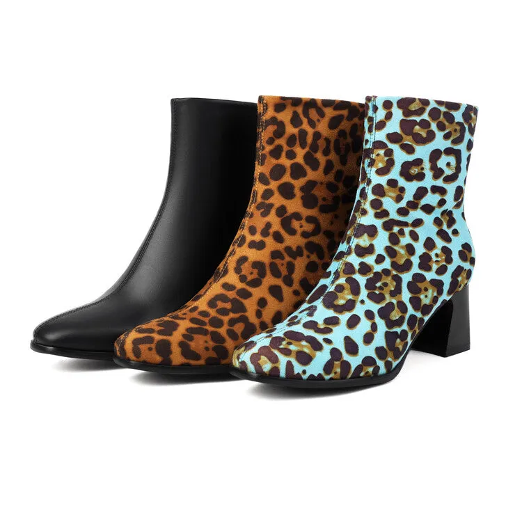 Women's Leopard-print Square Toe Block Heel Short Boots