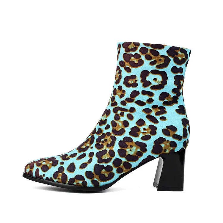 Women's Leopard-print Square Toe Block Heel Short Boots