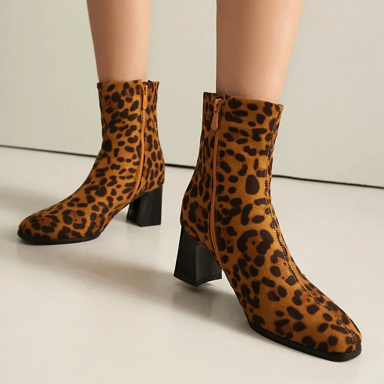 Women's Leopard-print Square Toe Block Heel Short Boots
