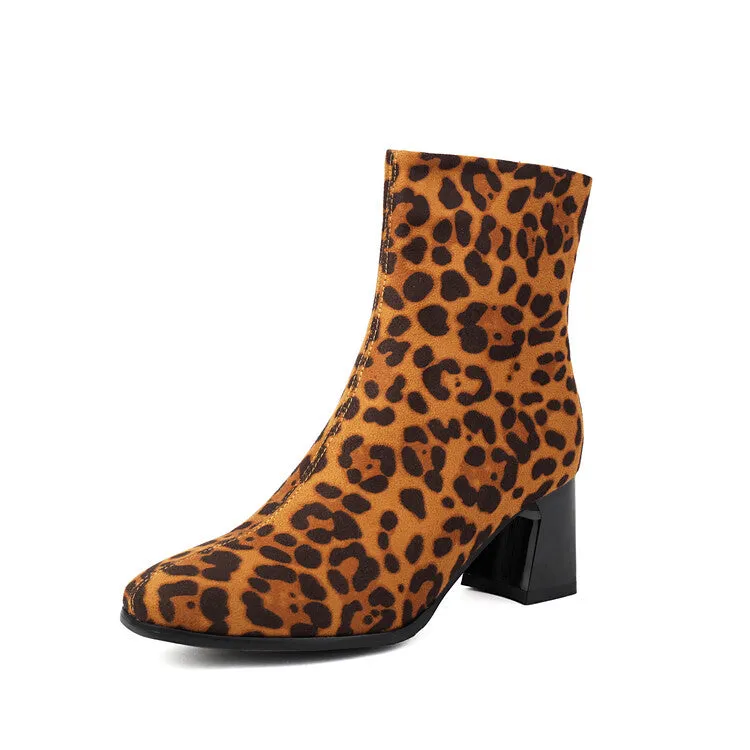 Women's Leopard-print Square Toe Block Heel Short Boots