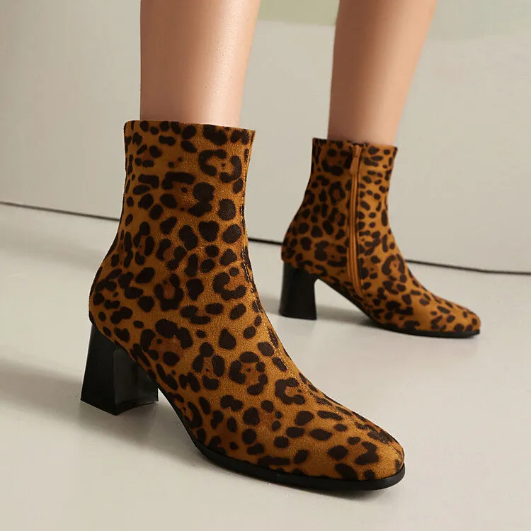 Women's Leopard-print Square Toe Block Heel Short Boots