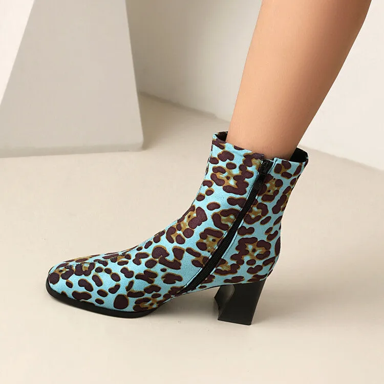 Women's Leopard-print Square Toe Block Heel Short Boots