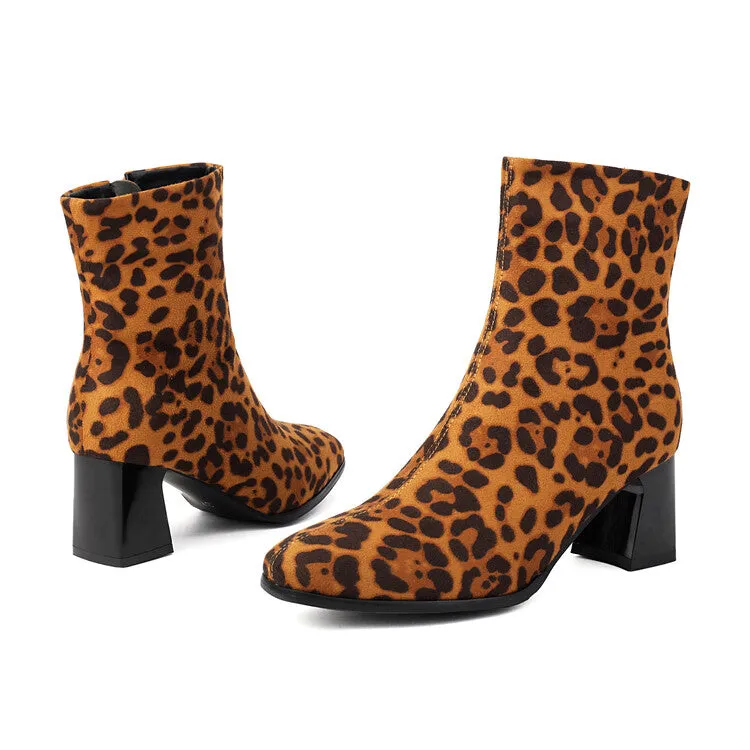 Women's Leopard-print Square Toe Block Heel Short Boots
