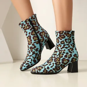 Women's Leopard-print Square Toe Block Heel Short Boots