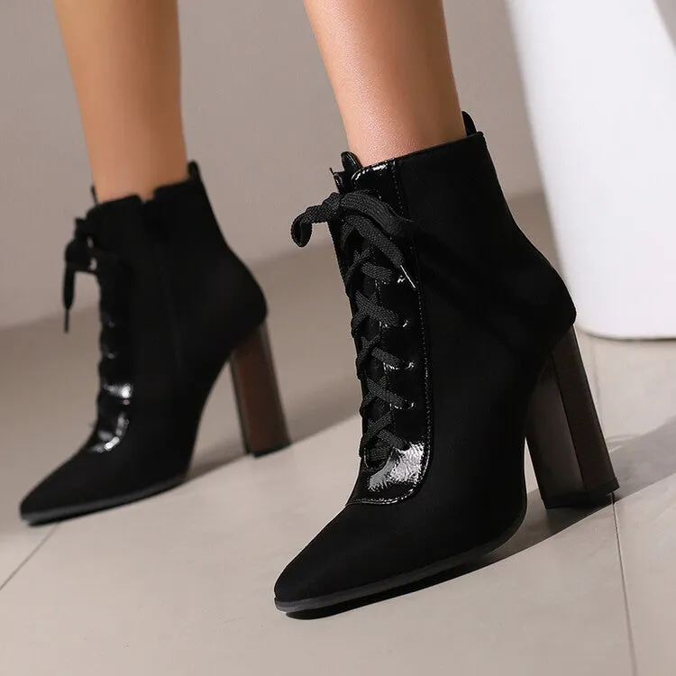 Women's Patchwork Lace Up Pointed Toe Square Heel Short Boots