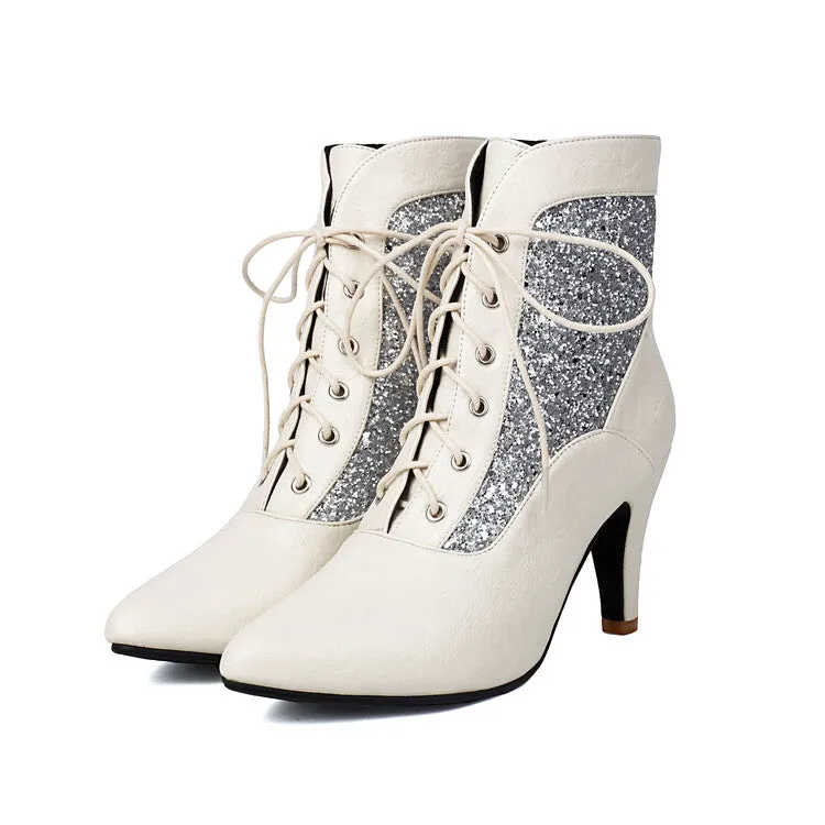 Women's Patchwork Sequins Pointed Toe Spike Heel Ankle Boots