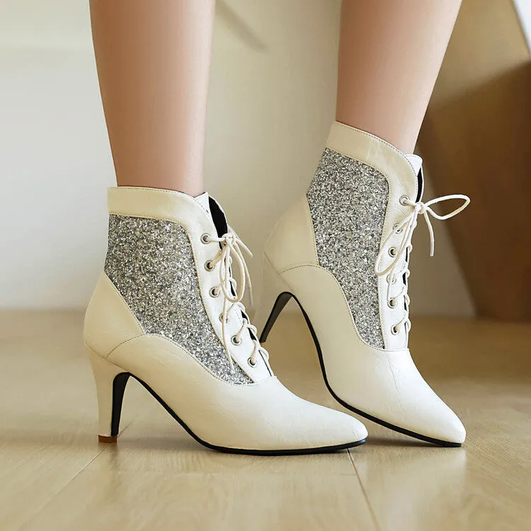Women's Patchwork Sequins Pointed Toe Spike Heel Ankle Boots