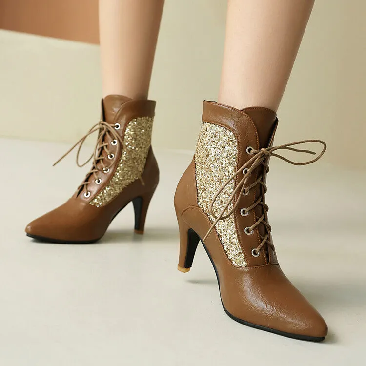 Women's Patchwork Sequins Pointed Toe Spike Heel Ankle Boots