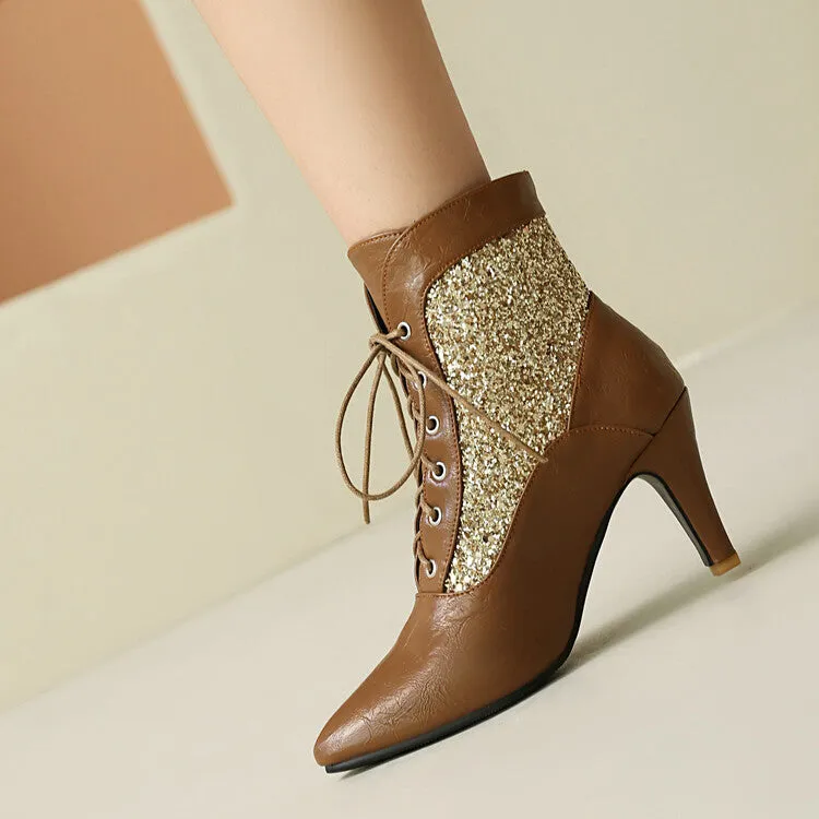 Women's Patchwork Sequins Pointed Toe Spike Heel Ankle Boots