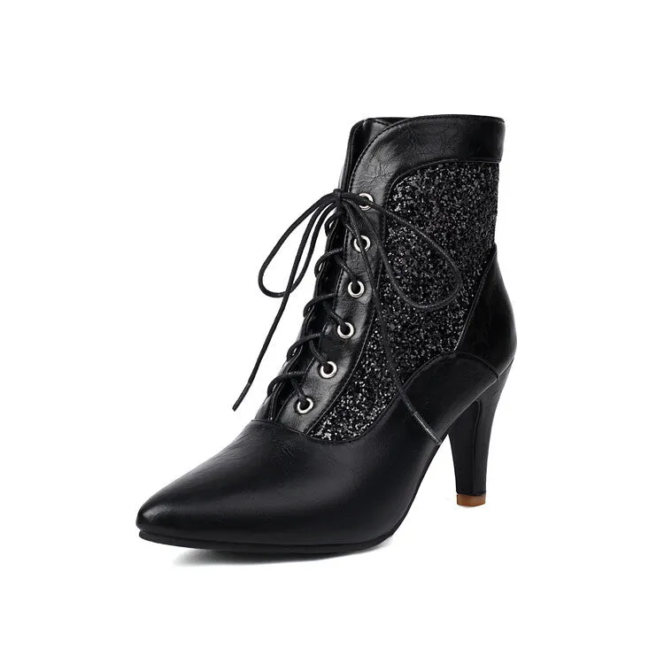Women's Patchwork Sequins Pointed Toe Spike Heel Ankle Boots