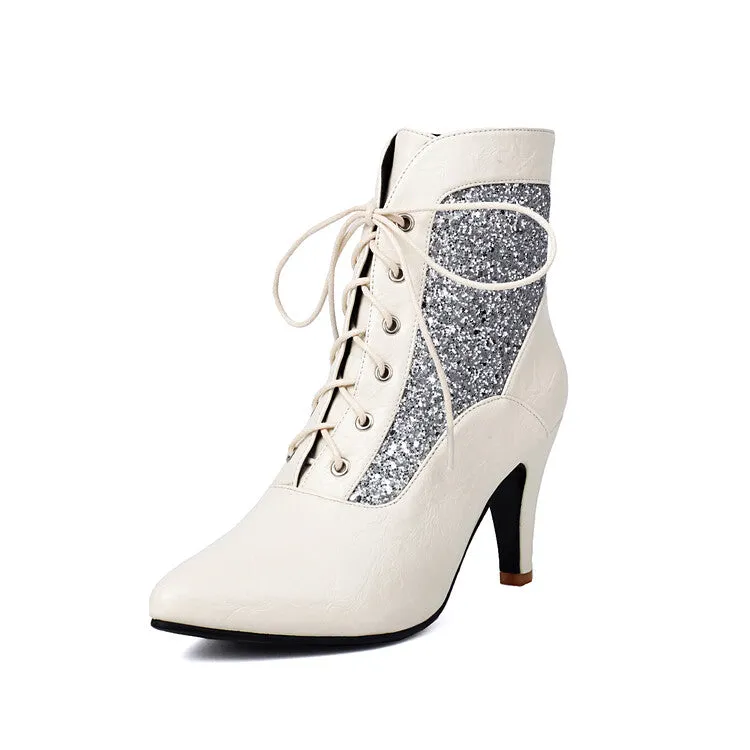 Women's Patchwork Sequins Pointed Toe Spike Heel Ankle Boots