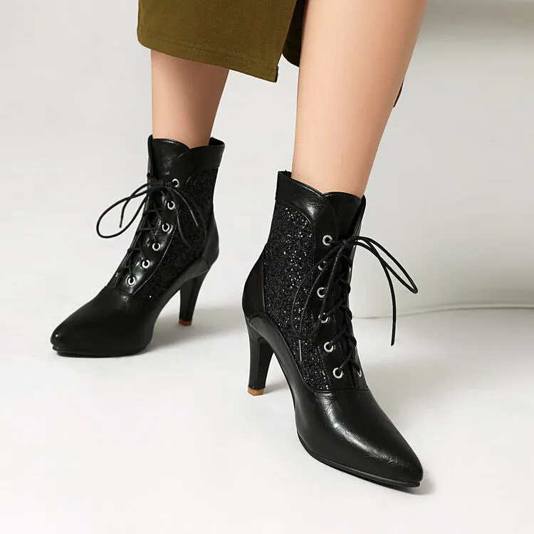 Women's Patchwork Sequins Pointed Toe Spike Heel Ankle Boots