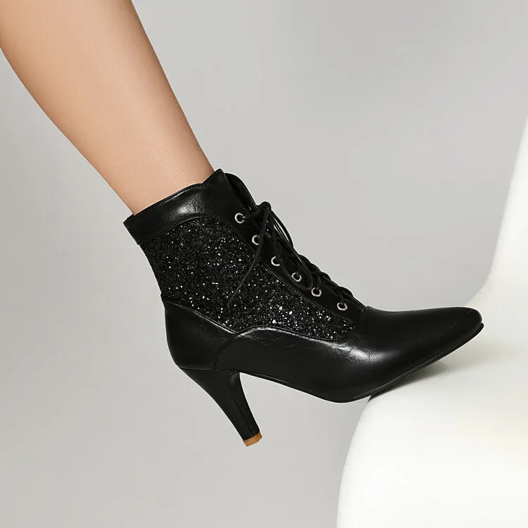 Women's Patchwork Sequins Pointed Toe Spike Heel Ankle Boots