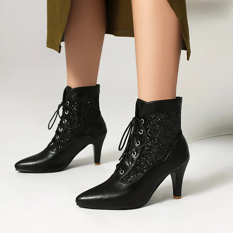 Women's Patchwork Sequins Pointed Toe Spike Heel Ankle Boots