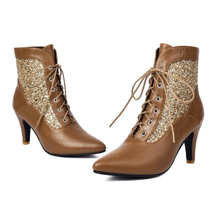 Women's Patchwork Sequins Pointed Toe Spike Heel Ankle Boots