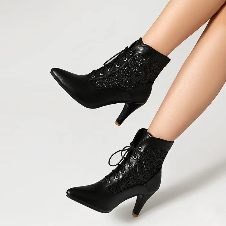 Women's Patchwork Sequins Pointed Toe Spike Heel Ankle Boots