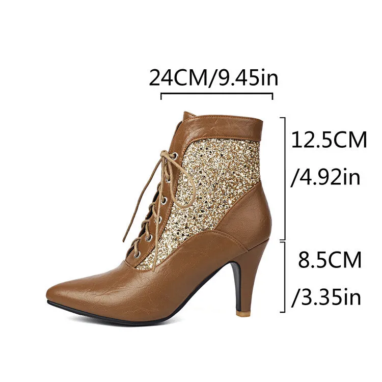 Women's Patchwork Sequins Pointed Toe Spike Heel Ankle Boots