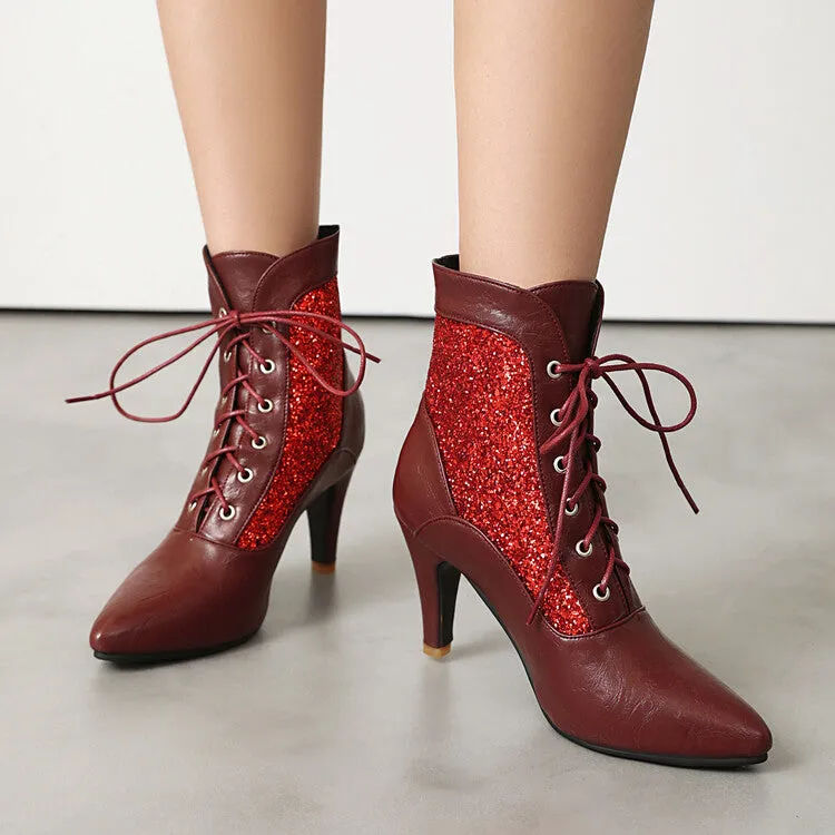 Women's Patchwork Sequins Pointed Toe Spike Heel Ankle Boots