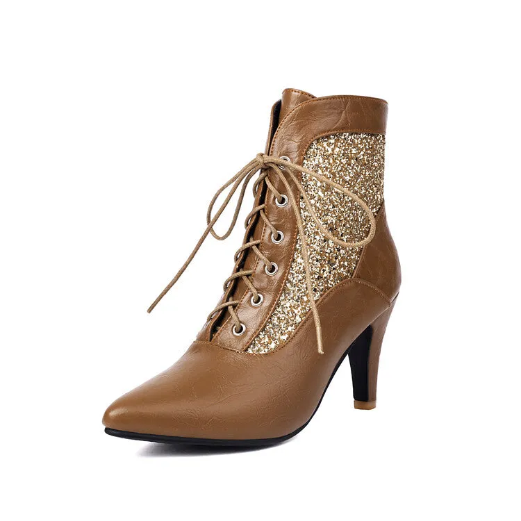 Women's Patchwork Sequins Pointed Toe Spike Heel Ankle Boots