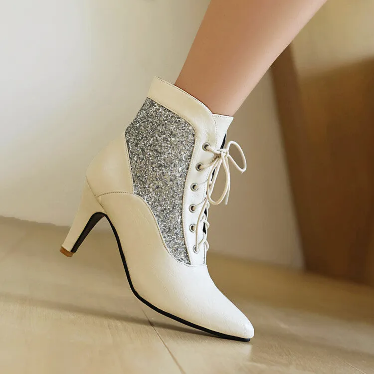 Women's Patchwork Sequins Pointed Toe Spike Heel Ankle Boots