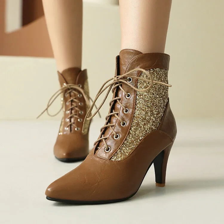 Women's Patchwork Sequins Pointed Toe Spike Heel Ankle Boots