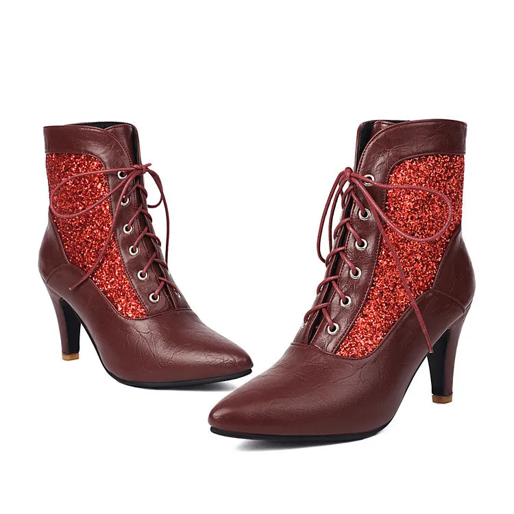 Women's Patchwork Sequins Pointed Toe Spike Heel Ankle Boots