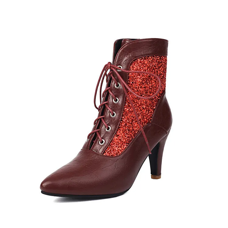 Women's Patchwork Sequins Pointed Toe Spike Heel Ankle Boots