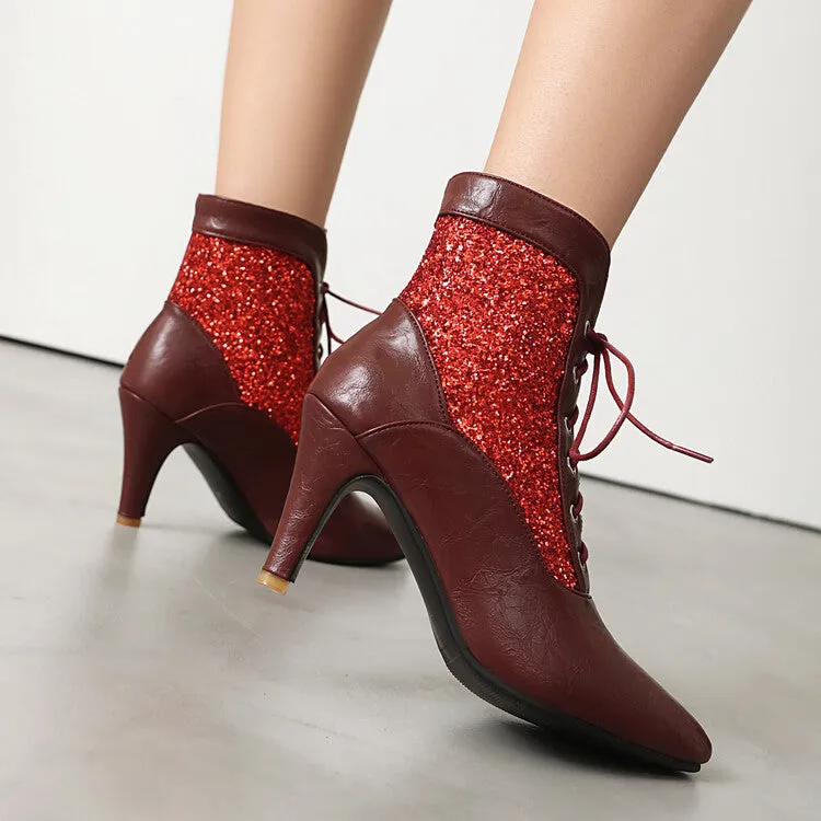 Women's Patchwork Sequins Pointed Toe Spike Heel Ankle Boots